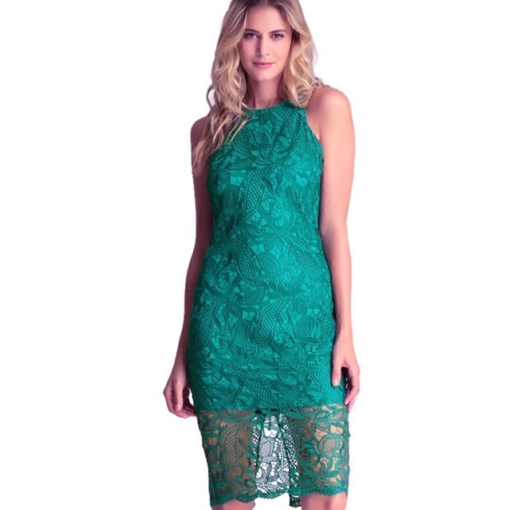 New! Bebe Green Lace Midi Dress Sz 2
